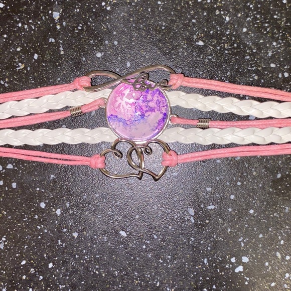 Pink Faux Leather Bracelet w Antique Goldtone &Alcohol Ink Art Under Domed Glass - Picture 1 of 2